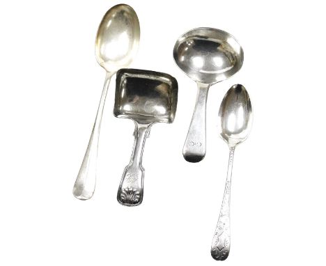A Victorian silver Fiddle and Shell pattern caddy spoon, monogram engraved, Birmingham 1846, George IV silver Old English pat
