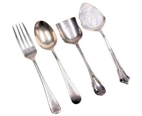 A George VI silver child's fork and spoon, Sheffield 1938, Victorian silver Albany pattern jam spoon, London 1897, and a furt