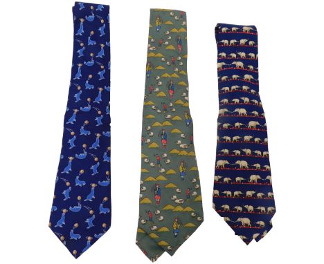 Three Hermes silk ties, comprising a dark blue tie with performing seals, a green tie with bagpipe players and other figures,