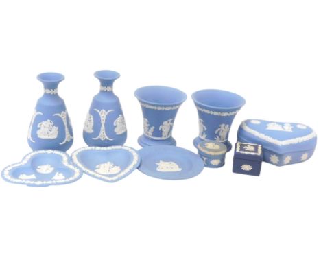 A group of Wedgwood light blue Jasperware, including vases, heart shaped box and cover, and dishes, together with a dark blue