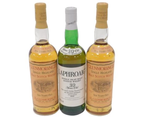 Two bottles of Glenmorangie Single Highland Malt Scotch whisky, ten years old, 70cl, in tin cases, together with a bottle of 