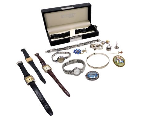 Silver and costume jewellery, including a double dolphin brooch, pendant fob, silver tie clip, dress wristwatches, French jet