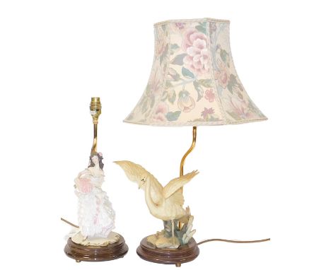 An Italian figural table lamp, by A Bealcari, modelled standing holding a basket of roses, raised on a circular wooden base, 