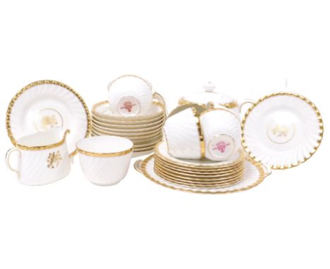 An early 20thC Mintons porcelain Gold Rose pattern part tea service, comprising teapot, cream jug, sugar bowl, bread plate, s