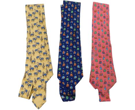 Three Hermes silk ties, comprising a yellow tie with horses, a pink tie with jockey's colours, and a dark blue tie with jocke