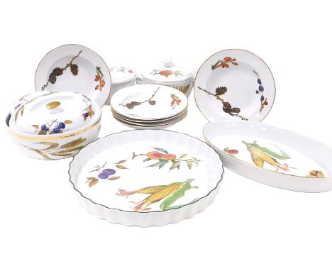 A group of Royal Worcester Evesham pattern oven to table wares, including a casserole dish and cover, and a large flan dish, 