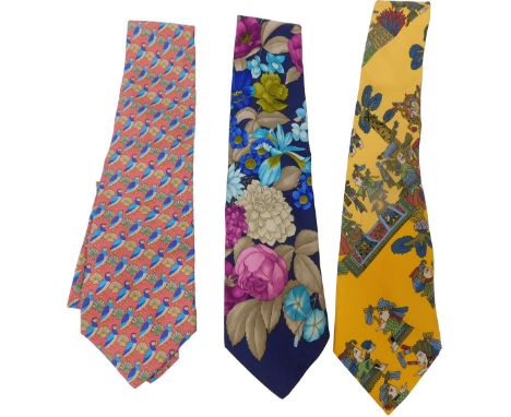 A Nazareno Gabrelli pink silk tie, decorated with puffins, a Leonard dark blue tie, decorated with flowers, and a Hermes yell