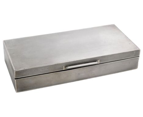 A George V silver cigarette box, of three division form, with engine turned decoration, London 1935, 13.17oz all in, 19.5cm w