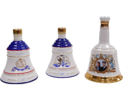 Three Bell's Old Scotch whisky 75cl commemorative decanters, cased, comprising The Marriage of HRH Prince Andrew with Miss Sa