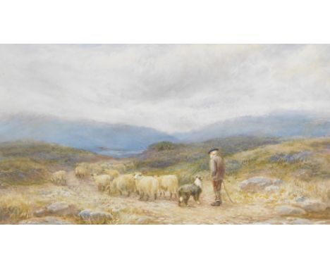 H Garland (Scottish late 19th/early 20thC). Scotch sheep and shepherd, watercolour, signed, 29cm x 52cm.