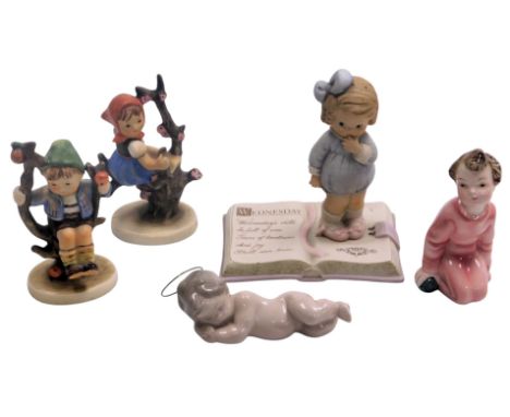 Two Hummel figures modelled as Apple Tree Boy and Apple Tree Girl, Lladro figure of a sleeping cherub, Royal Belvedere figure