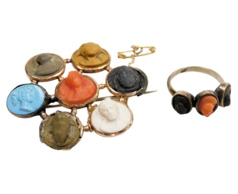 A Victorian lava cameo brooch, set with eight different portraits, in yellow metal, together with a triple lava cameo portrai