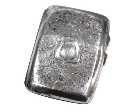 A George V silver cigarette case, with foliate engraving, shield reserve monogram engraved, Birmingham 1924, 1.49oz. 