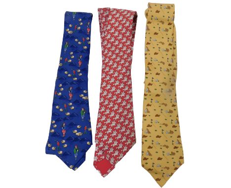 Three Hermes silk ties, comprising yellow tie with tortoises and hares, red tie with Pegasus, and dark blue tie with bagpipe 