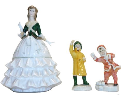 A Royal Worcester porcelain figure of a lady, possibly a trial piece, and two figures, modelled by F G Doughty, comprising Sn