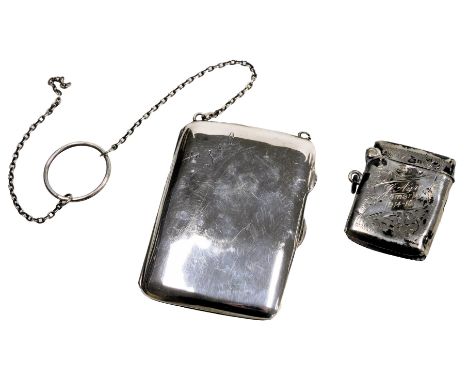 A George V silver cigarette case, with a chain suspension, the front cover engraved Hazel, Birmingham 1913, together with a s