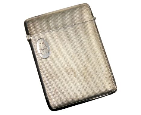 A George V silver card case, with engine turned decoration, oval reserve monogram engraved, Birmingham 1929, 1.62oz.
