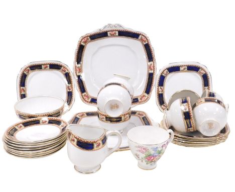 A Royal Albert porcelain Trigo pattern part tea service, comprising cream jug, sugar bowl, pair of bread plates, nine teacups