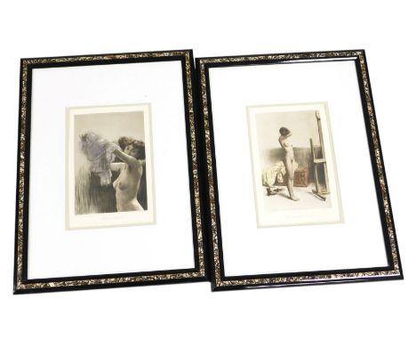 After Hermann Fenner-Behmer (German 1866-1913). Nach der Sitzung, Das verschämte Modell, pair of coloured engravings, 30cm x 