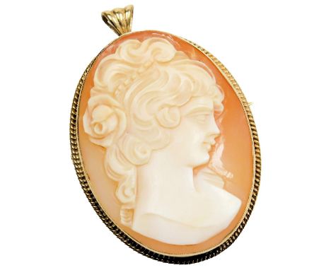 A 9ct gold and shell cameo pendant brooch, bust portrait of a lady, 12.4g.