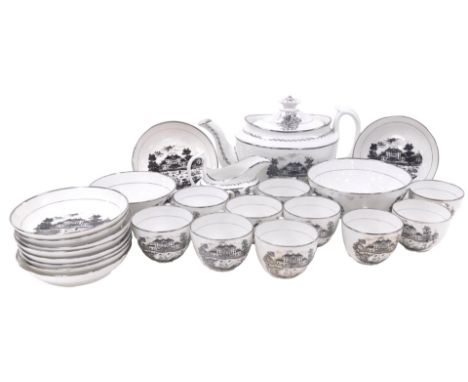 An early 20thC porcelain part tea service, decorated in silver lustre, and bat printed with a Palladian mansion lakeside scen