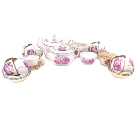 An early 19thC pink and silver lustre tea service, possibly Hilditch pottery, decorated with pastoral landscapes, comprising 