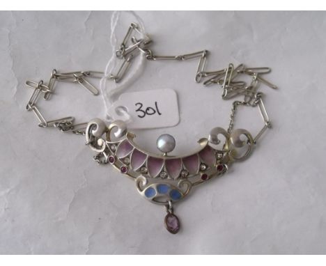 Plique de jour enamel & silver necklace with pearls,   gem stones and paste  marked “Depose”    