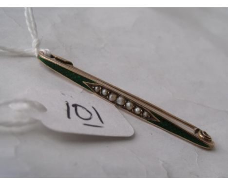 A narrow 9ct pearl & green enamel bar brooch   