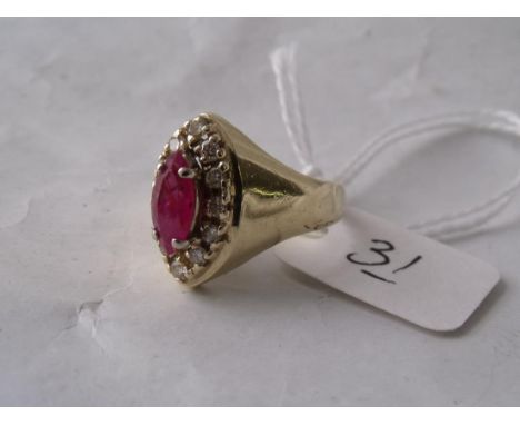 A gold mounted ruby & diamond marquise ring approx  size 'O'         