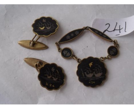 A pair of vintage gents Japanese Damascene gilt metal   cufflinks inlaid with gold also a pendant matching   