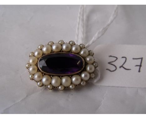 A small gold mounted oval amethyst & pearl brooch   2cm long        
