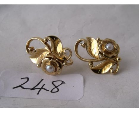 Pair 18ct gold & pearl scroll flower design jade Jensen   earrings signed pat. No. 781      