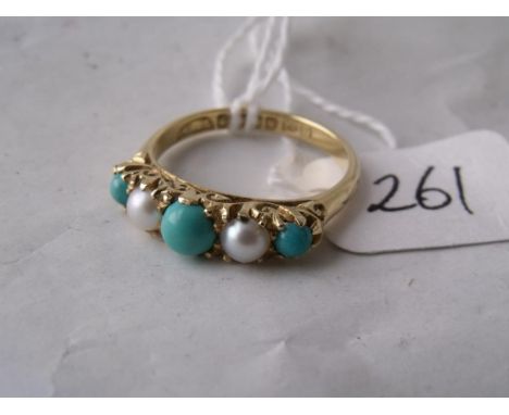 A turquoise & pearl half hoop ring in carved 18ct gold   mount         