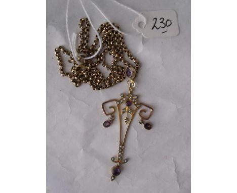 A fine antique 9ct amethyst and pearl pendant with  droplets on substantial 9ct belcher link chain  6.7g inc  