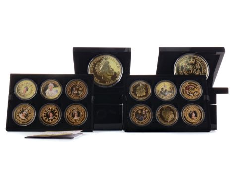COLLECTION OF GOLD PLATED COMMEMORATIVE COINS, including two five crown coins, collection of crowning moments of Queen Elizab