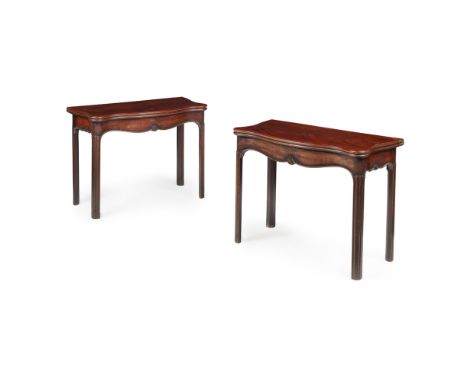 PAIR OF GEORGE III MAHOGANY SERPENTINE CARD TABLES  18TH CENTURY   the serpentine fold-over tops opening to green baize lined