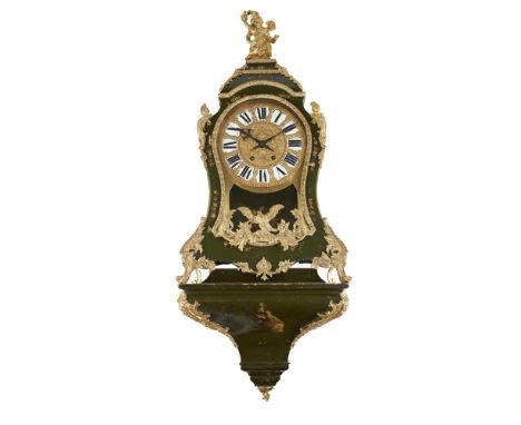 FRENCH LOUIS XV STYLE GREEN JAPANNED BRACKET CLOCK AND BRACKET  19TH CENTURY   the gilt dial set with white enamel Roman nume