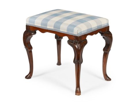 GEORGE II STYLE MAHOGANY STOOL  19TH CENTURY  the padded seat raised on carved cabriole legs ending in pad feet  53cm wide, 5