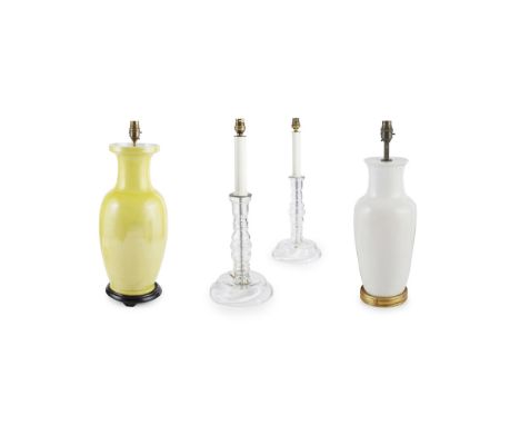 GROUP OF FOUR TABLE LAMPS  20TH CENTURY  comprising a Chinese yellow glazed porcelain baluster vase, 44cm high; a white glaze