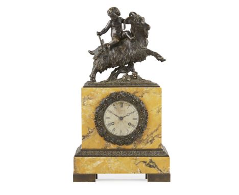 FRENCH BRONZE MOUNTED SIENA MARBLE MANTEL CLOCK  MID 19TH CENTURY   the bronze figural pediment depicting a bacchanalian putt