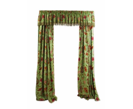 THREE PAIRS OF LINED LINEN CURTAINS WITH PELMETS  MODERN   printed with orchids in baskets on a green ground, the matching pe
