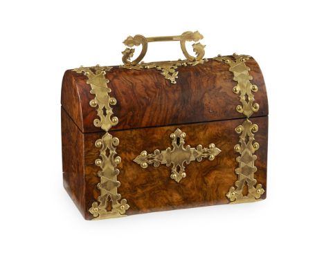 VICTORIAN GILT BRASS MOUNTED WALNUT TEA CADDY  19TH CENTURY   the domed top with engraved mounts and handle, opening to two d