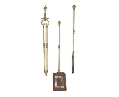SET OF GEORGIAN BRASS FIRE TOOLS  LATE 18TH/EARLY 19TH CENTURY   comprising a shovel, poker and pair of tongs, with knop hand