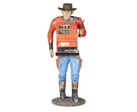 STANDING COWBOY ONE-ARM-BANDIT SLOT MACHINE BY SEGA  20TH CENTURY   the life size figure serial no. 720221, UK penny slot  18