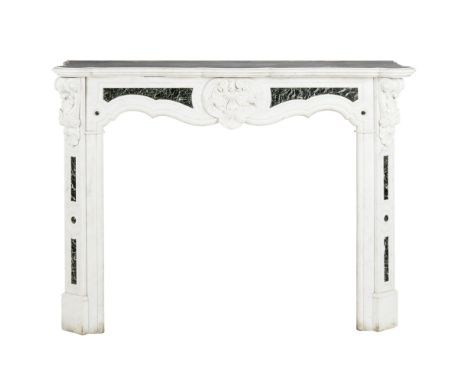 GEORGIAN STYLE CARVED WHITE STATUARY MARBLE AND VERDE ANTICO CHIMNEYPIECE  20TH CENTURY   the serpentine white marble shelf w