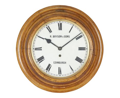 LARGE OAK STATION CLOCK, BRYSON, EDINBURGH  LATE 19TH CENTURY   the white enamel dial with Roman numbers and a single winding