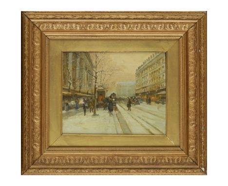 R. KAUFF (20TH CENTURY EUROPEAN)  PARIS IN THE SNOW   signed, oil on board  20cm x 25cm (8in x 9.75in)