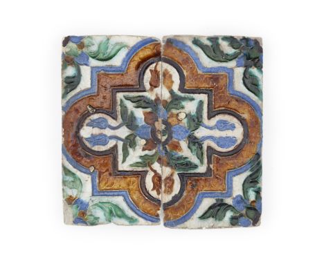 GROUP OF SPANISH GLAZED ARISTA CEILING TILES (DE DOS POR TABLA)  SEVILLE, 1525-1575   glazed in yellow/honey-brown, dark mang