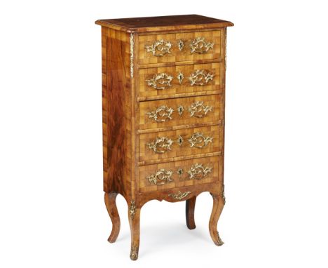 AUSTRIAN WALNUT PARQUETRY PETITE COMMODE  MID 18TH CENTURY   the rectangular top with a moulded edge over five short drawers,