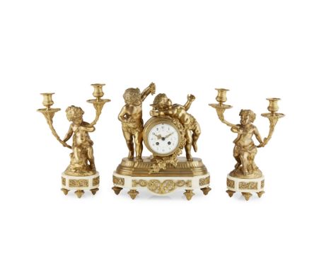 FRENCH GILT BRONZE AND MARBLE CLOCK GARNITURE AFTER CLODION  LATE 19TH CENTURY   the white enamel Arabic numeral dial with fl